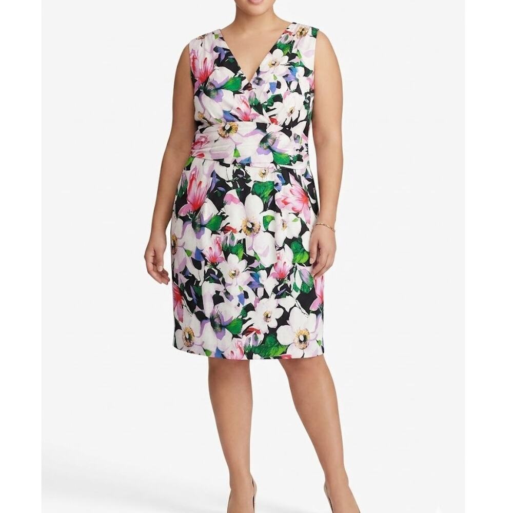 Lauren Ralph Lauren Floral Ruched Sheath Dress Women 18W Plus Sleeveless V-Neck
